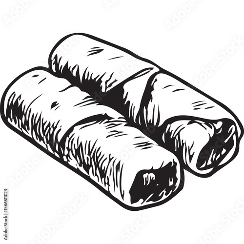 Discover detailed spring rolls illustration, a tasty Arabic snack, perfect for menus, recipes, and cultural designs in black and white