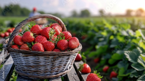 A basket full of red strawberries on a wooden table