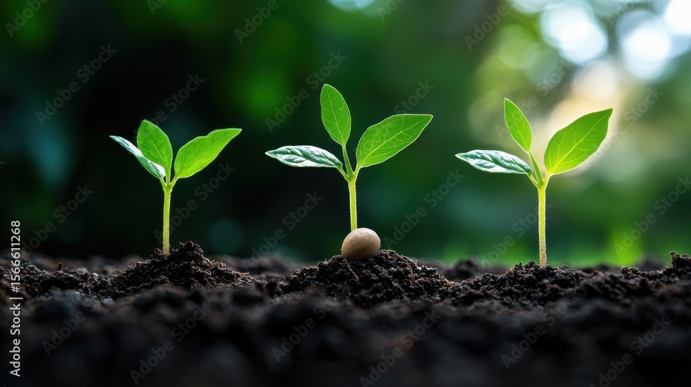Fototapeta premium Three small plants are growing in the dirt
