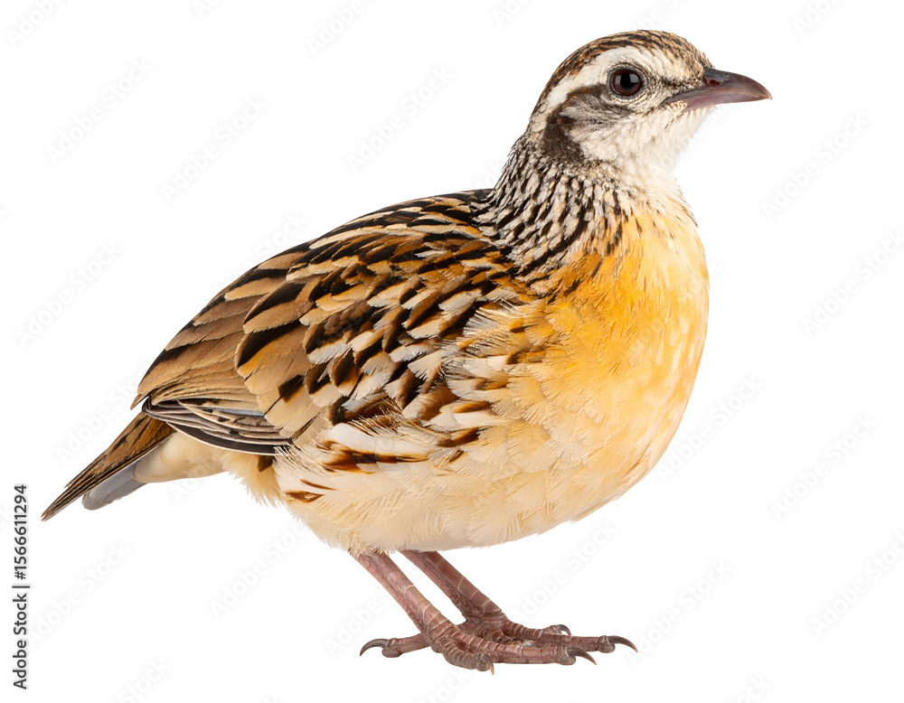 Fototapeta premium A beautiful African harlequin quail stands gracefully, showcasing its intricate patterned plumage.