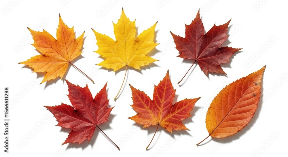 Fototapeta premium Autumnal Leaf Collection: Vibrant Red, Orange, and Yellow Maple Leaves Isolated on White