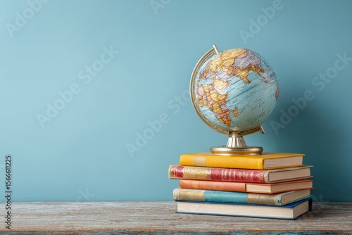 A globe rests on a stack of books against a plain backdrop