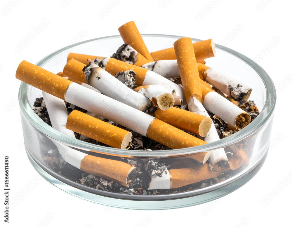 A clear glass ashtray overflows with numerous discarded cigarette butts and ash, symbolizing unhealthy habits. A clear glass ashtray overflows with numerous discarded cigarette butts and ash, symbolizing unhealthy habits.