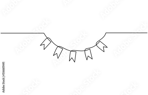 Continuous line art drawing buntings garland. Celebration party hand drawn flags, One line party garland sketch, Hand drawn vector illustration.
