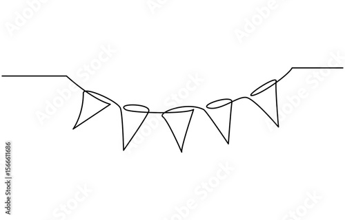 Continuous line art drawing buntings garland. Celebration party hand drawn flags, One line party garland sketch, Hand drawn vector illustration.
