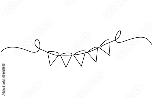 Continuous line art drawing buntings garland. Celebration party hand drawn flags, One line party garland sketch, Hand drawn vector illustration.
