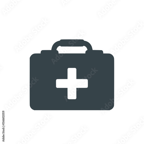 solid dark grey medical bag with cross symbol, flat icon, centered on white