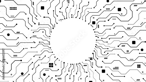 circuit board in black connection path dots with electric component in circle template background