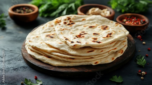 Homemade Pita bread with herbs and spices on black background