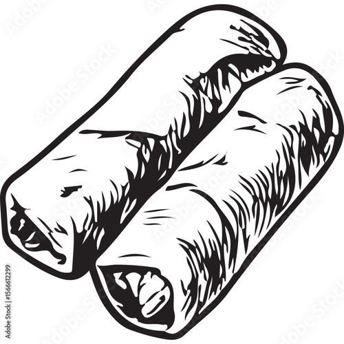 Discover detailed spring rolls illustration, a tasty Arabic snack, perfect for menus, recipes, and cultural designs in black and white