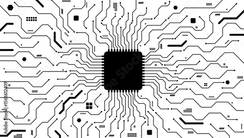 electronic modern AI micro processor in mother board or circuit board with components connection paths template