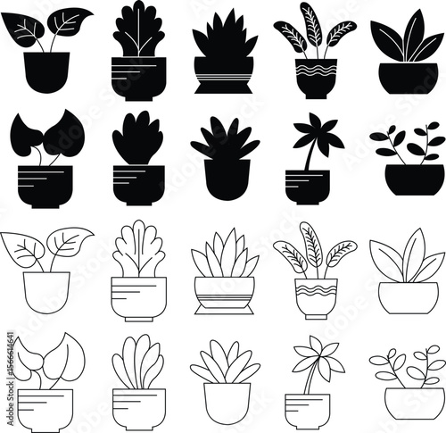 Different plant in pot for home decoration set. foliage Plants in pots vector illustration flowerpots collection. houseplants in flower pots in flat and line
