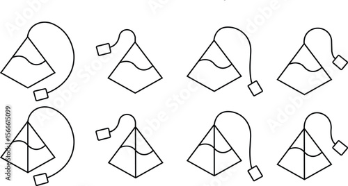 Pyramid tea bag icons set. coffee bags collection. Triangle paper tea bag. herb, organic beverage signs. Breakfast drink concepts line