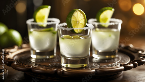 Lime Tequila Shots: Three tequila shots garnished with lime wedges and salt rims rest on an ornate metal tray.  The golden hour lighting creates a warm and inviting ambiance.