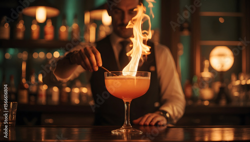 Fiery Flair: A skilled mixologist expertly prepares a flaming cocktail, igniting the senses with a captivating display of expertise and artistry.