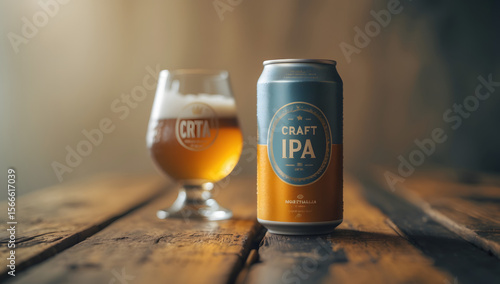 Refreshing Craft IPA: A refreshing view of a craft IPA beer can and a filled glass, poised gracefully upon a rustic wooden surface, inviting one to savor the experience