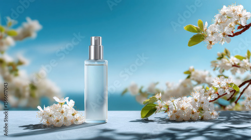 A sleek bottle of antihistamine spray on a springtime table, with blooming flowers and a clear blue sky in the background