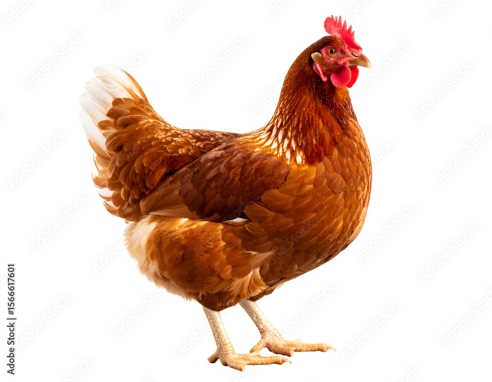 Fototapeta premium A healthy brown hen stands gracefully, showcasing its beautiful plumage and alert gaze.