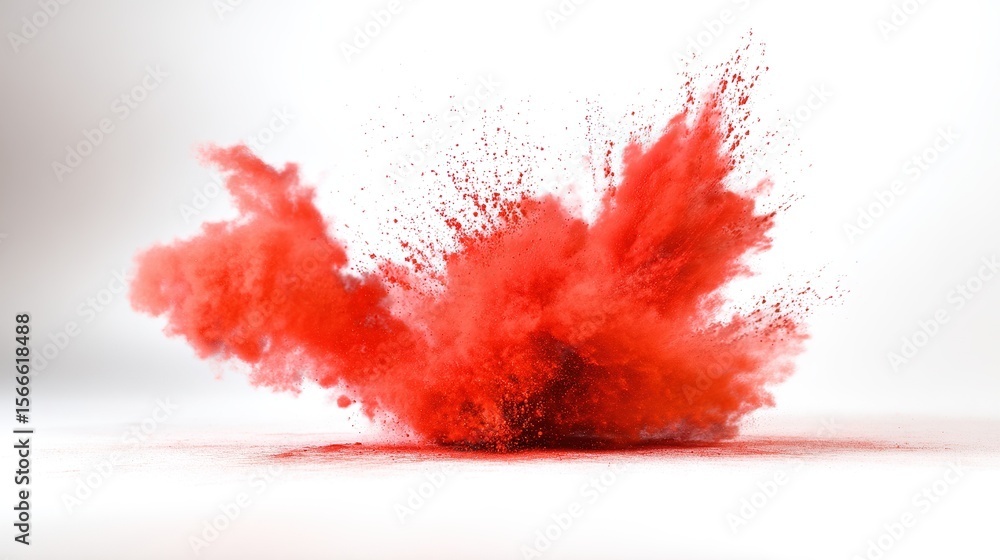 A festive explosion of red powder in mid-air against a clean white background A festive explosion of red powder in mid-air against a clean white background
