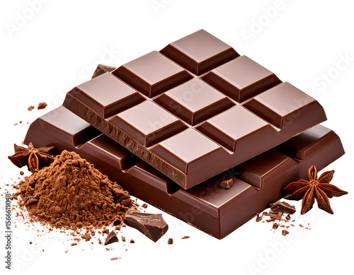 Stacked dark chocolate bars with rich cocoa powder and aromatic star anise create a tempting display.