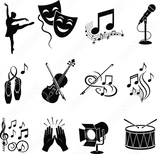 Collection of black silhouette icons representing various performing arts and music elements