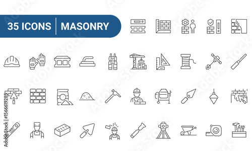 Masonry icon set in outline style. Includes bricklayer, brick, trowel, cement mixer, safety gear, tools, and construction equipment. Icons for Web and Mobile Editable stroke. Vector illustration.