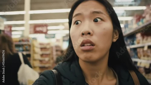 Surprised Shopper: Wide-Eyed Reaction in Grocery Store Aisle