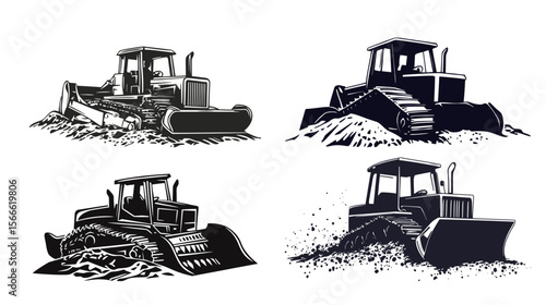 Linocut silhouette of a bulldozer pushing dirt, bold and minimal vector design showcasing heavy construction machinery in action, suitable for industrial, construction, and engineering themes 