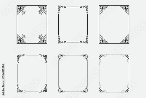 Collection of six ornate black decorative corner borders and frames