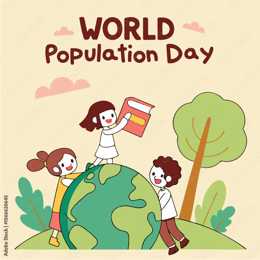 Fototapeta premium Children and Future Concept Art – Happy kids with globe, trees, books world population day