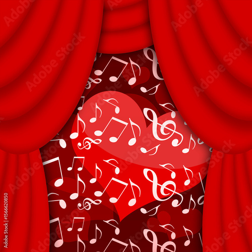 Music stage background with red theatrical curtains and musical notes