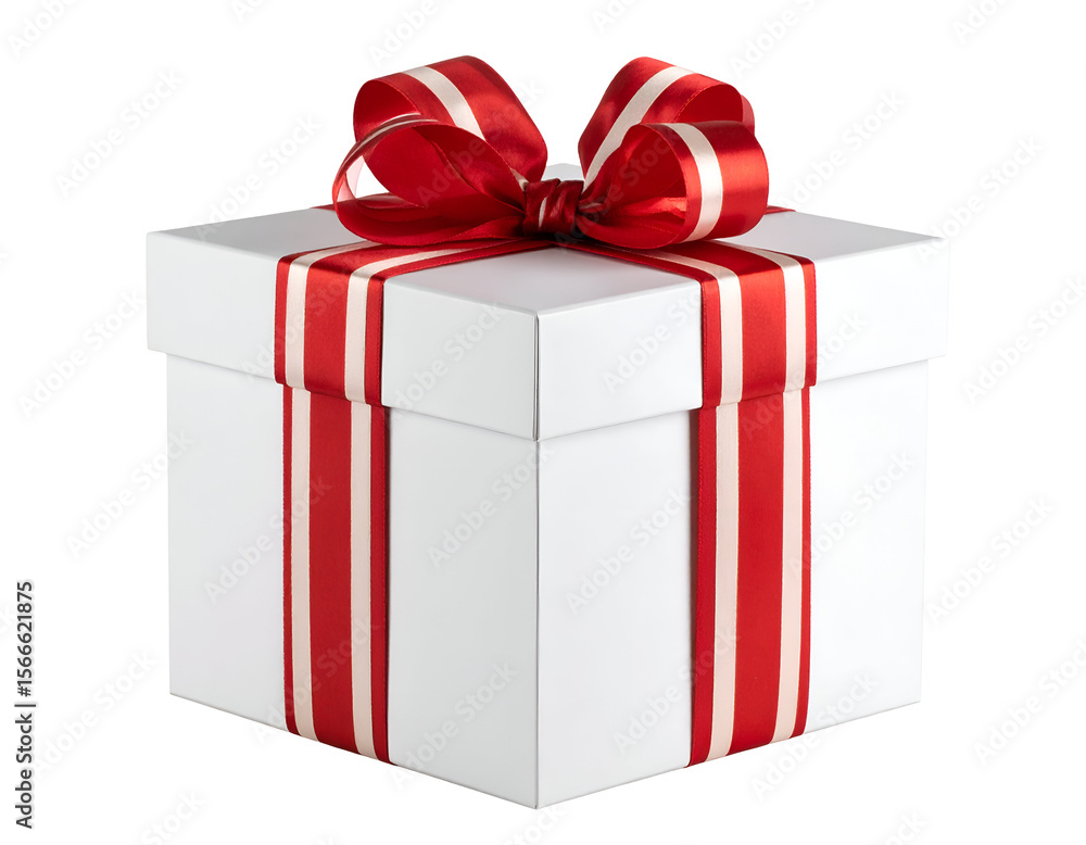Obraz premium A beautifully wrapped white gift box adorned with a vibrant red and white striped bow, ready for celebration.