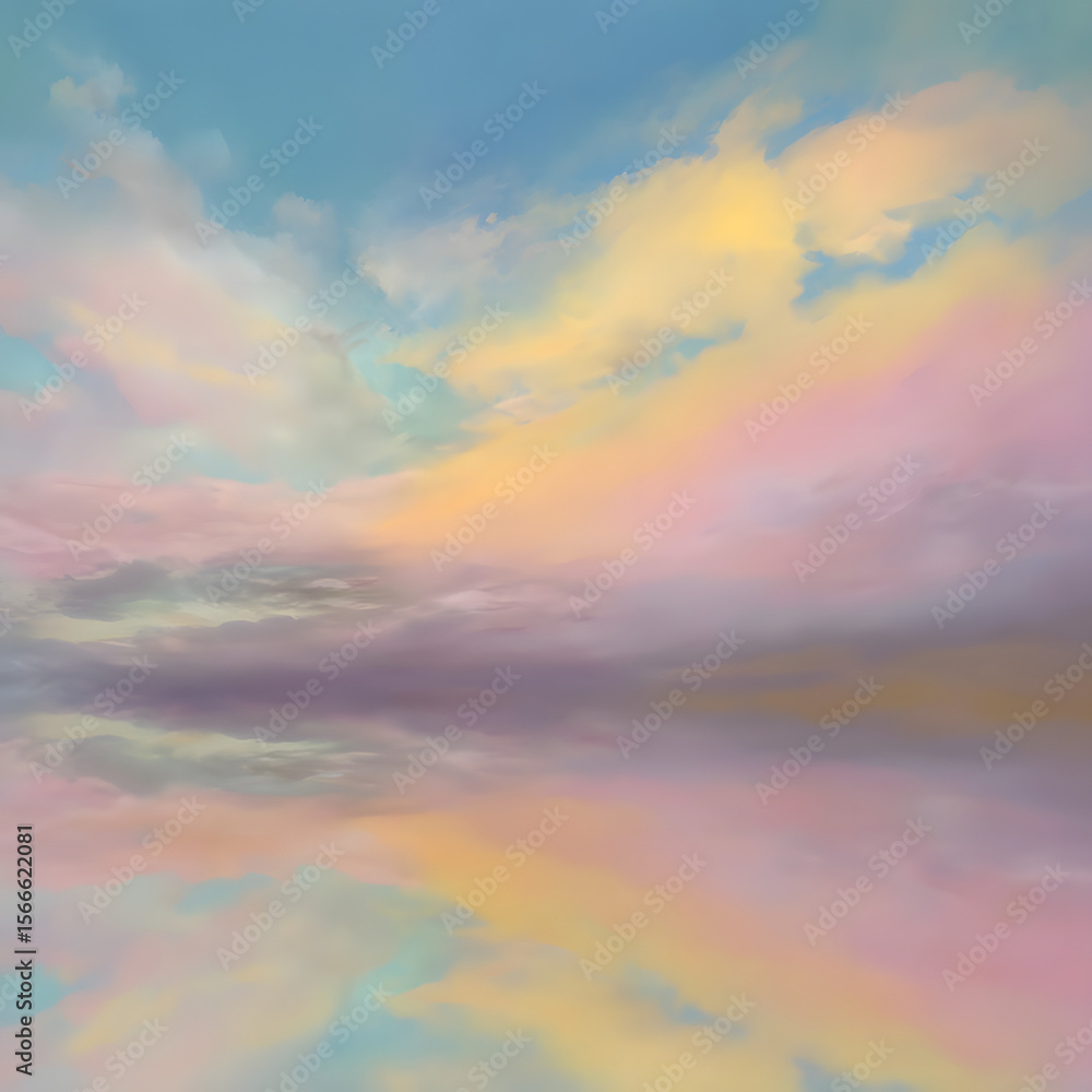 Obraz premium A painting of a sky with clouds and a reflection of the sky in a body of water