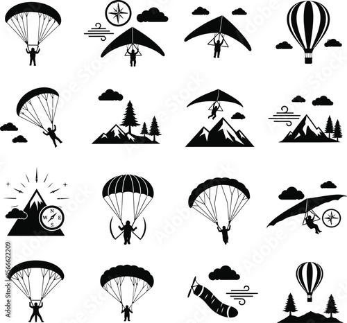 Collection of black silhouette icons for extreme sports and adventure activities