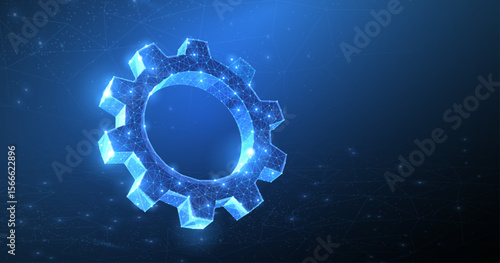 Gear. Abstract vector wireframeone gear 3d modern illustration on dark blue background.