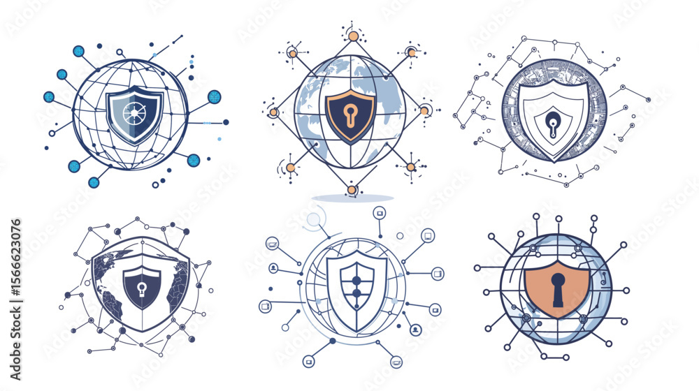 custom made wallpaper toronto digitalLine art illustration of a globe with shield and interconnected nodes, minimalist vector design representing global security, network protection, data safety, and digital connectivity in a clean