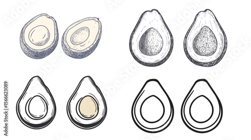 Line art illustration of a halved avocado showing the seed, minimalist and clean vector design highlighting natural fruit detail, healthy food concept, and organic lifestyle in a simple and elegant 