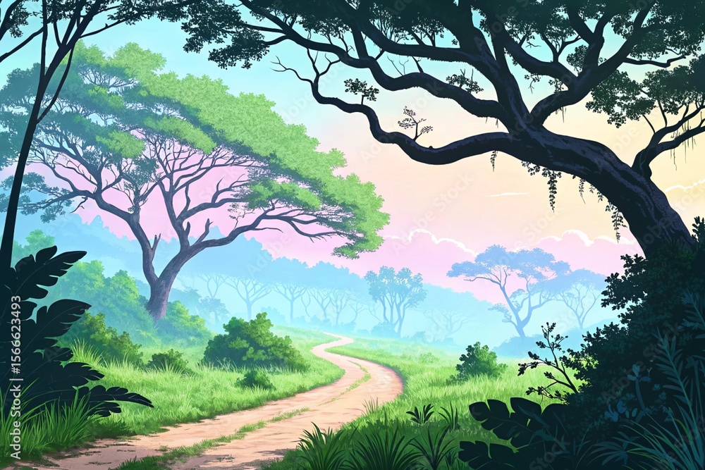 Fototapeta premium A winding dirt path through a lush green landscape with trees and a pastel colored sky at dusk or dawn