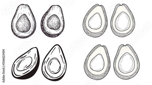 Line art illustration of a halved avocado showing the seed, minimalist and clean vector design highlighting natural fruit detail, healthy food concept, and organic lifestyle in a simple and elegant 
