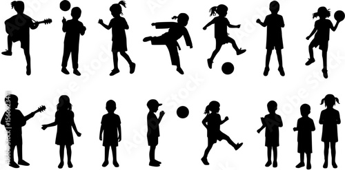 Silhouettes of children different poses standing together in row. Group of kids with various activities hobbies and sports vector silhouette set collection.