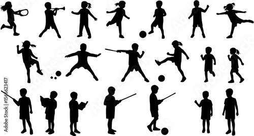 Silhouettes of children different poses standing together in row. Group of kids with various activities hobbies and sports vector silhouette set collection.