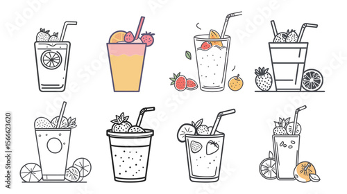 Line art illustration of a smoothie glass with a straw and toppings, minimalist and clean vector design capturing refreshing beverage, healthy drink, and casual lifestyle in a simple and elegant style