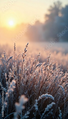 Serene Winter Meadow Frost-Kissed Grass at Sunrise, Chilled Landscape Photography