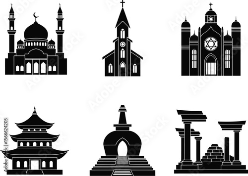 Collection of silhouette icons representing different religious buildings and structures