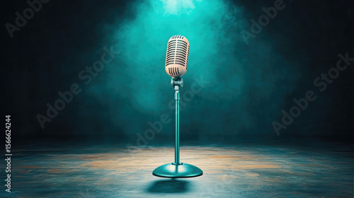 Minimal R&B, A single microphone on a dark stage with soft spotlights illuminating it.