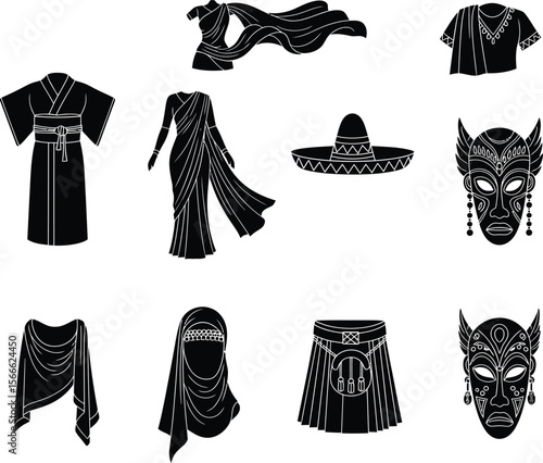 Collection of diverse cultural clothing and masks from around the world