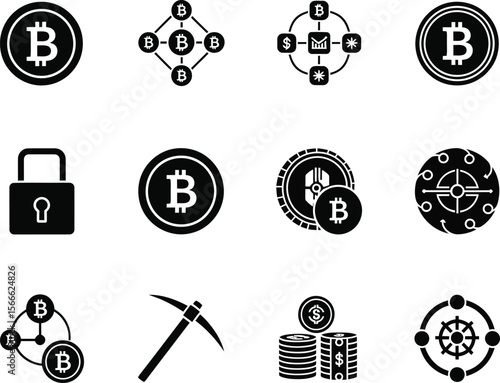 Collection of bitcoin and cryptocurrency icons including mining security and network concepts