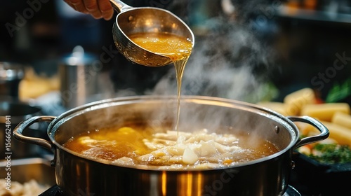 A steaming hot pot of soup has broth being poured from a ladle, with ingredients simmering inside in a cozy kitchen setting.