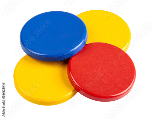 Vibrant blue, red, and yellow plastic game pieces interlock in a dynamic and colorful arrangement.