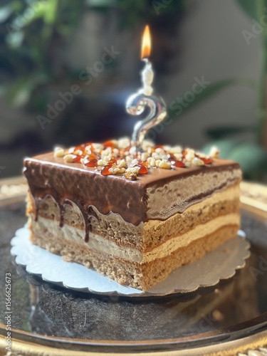 piece of chocolate cake with candle